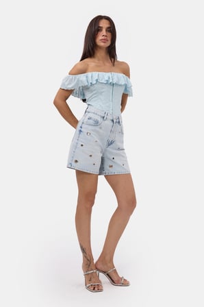 Kadın Kot Rengi 4s6-3 Relax Mom Kuş Gözü Detaylı Tasarım Denim Şort