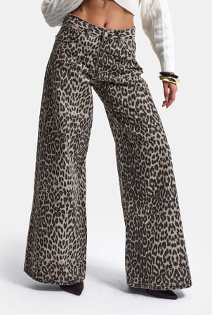 Kadın Leopar 1w6-26 Palazzo Fit Özel Desen Denim Jean