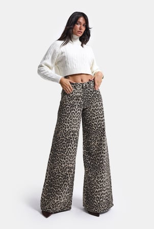 Kadın Leopar 1w6-26 Palazzo Fit Özel Desen Denim Jean