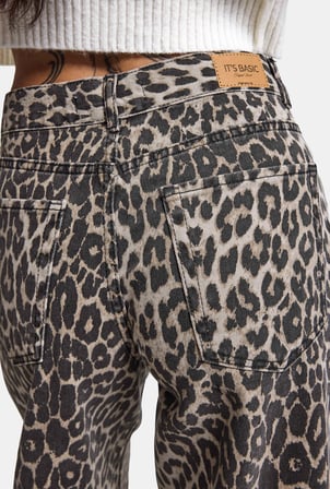 Kadın Leopar 1w6-26 Palazzo Fit Özel Desen Denim Jean