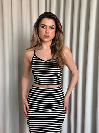 Çizgili etek crop takım