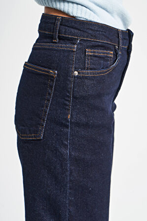 Kadın İndigo Renk 7w5-50 Straingt Fit Yüksek Bel İç Boy 80cm Esnek Kumaş Denim Jean