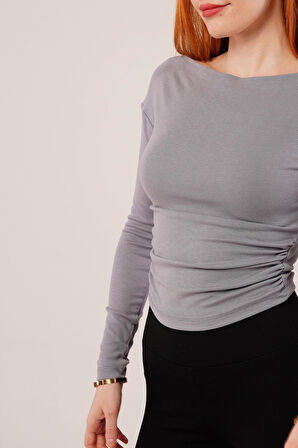 Yaka Detay Uzun Kollu Basic Gri Bluz