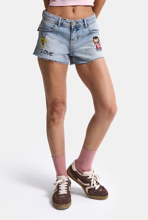 Kadın Mavi 4s6-32 Mini Mom Nakış Desenli Tasarım Denim Şort