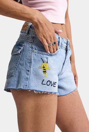 Kadın Mavi 4s6-32 Mini Mom Nakış Desenli Tasarım Denim Şort