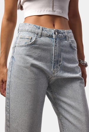 Kadın Ice T-4s6-3 Straight Fit Parlak Taşlı Özel Tasarım Denim Jean