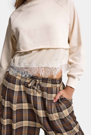 Kadın Bej w6-105 Dantel Detaylı Bol Kesim Tasarım Sweatshirt