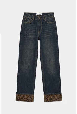 Kadın Kot Rengi 2w6-8 Straight Turn Up Paça Leopar Detaylı Tasarım Denim Jean