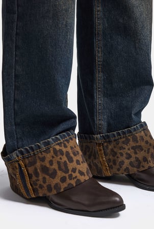 Kadın Kot Rengi 2w6-8 Straight Turn Up Paça Leopar Detaylı Tasarım Denim Jean