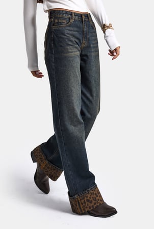 Kadın Kot Rengi 2w6-8 Straight Turn Up Paça Leopar Detaylı Tasarım Denim Jean
