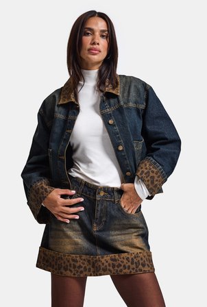 Kadın Koyu Kot 2w6-8 Straight Leopar Detaylı Tasarım denim Etek