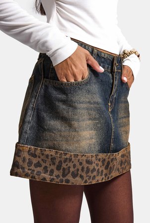 Kadın Koyu Kot 2w6-8 Straight Leopar Detaylı Tasarım denim Etek