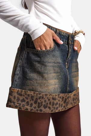 Kadın Koyu Kot 2w6-8 Straight Leopar Detaylı Tasarım denim Etek