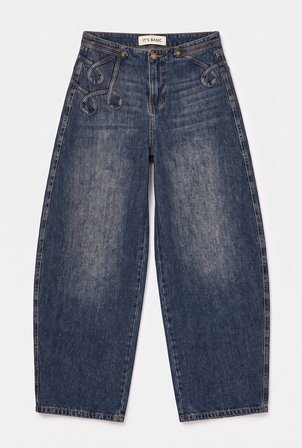 Kadın Koyu Kot 4w6-8 Barrel Fit Bol Kesim Nakış Detaylı Tasarım Denim Jean