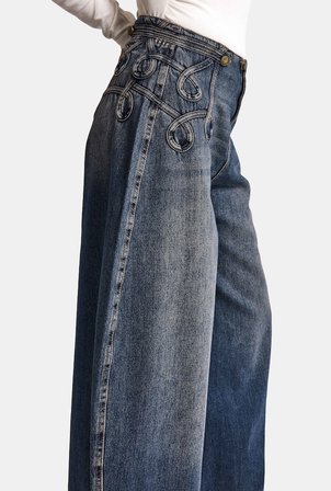 Kadın Koyu Kot 4w6-8 Barrel Fit Bol Kesim Nakış Detaylı Tasarım Denim Jean