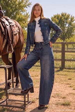Kadın Koyu Kot 4w6-8 Barrel Fit Bol Kesim Nakış Detaylı Tasarım Denim Jean