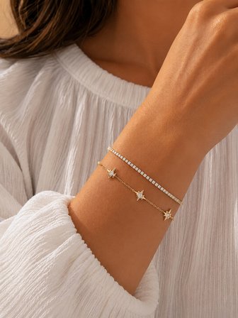 💎 Premium Parlak Gold Renk Su Yolu ve Yıldız Figürlü Katmanlı Kadın Bijuteri Bileklik (23cm)