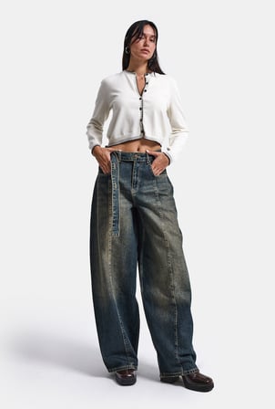 Kadın Tint Kot Rengi 2w6-11 Baggy Kemerli Orta Bel Denim Jean