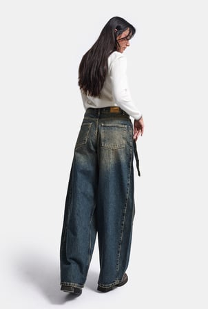 Kadın Tint Kot Rengi 2w6-11 Baggy Kemerli Orta Bel Denim Jean