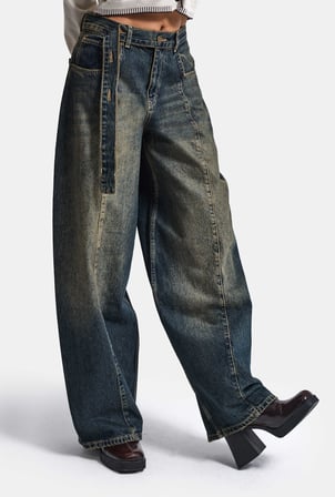 Kadın Tint Kot Rengi 2w6-11 Baggy Kemerli Orta Bel Denim Jean