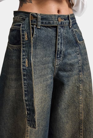 Kadın Tint Kot Rengi 2w6-11 Baggy Kemerli Orta Bel Denim Jean