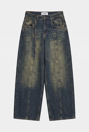 Kadın Tint Kot Rengi 2w6-11 Baggy Kemerli Orta Bel Denim Jean