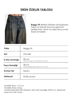 Kadın Tint Kot Rengi 2w6-11 Baggy Kemerli Orta Bel Denim Jean