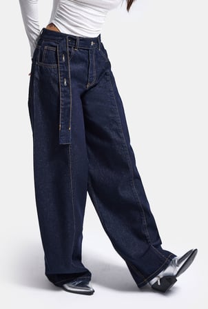 Kadın İndigo Selvedge 7w6-50 Barrel Fit Kemer Detaylı Denim Jean