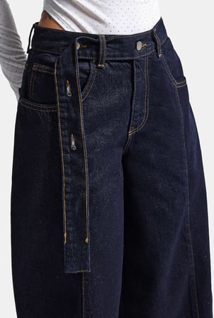 Kadın İndigo Selvedge 7w6-50 Barrel Fit Kemer Detaylı Denim Jean