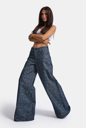 Kadın Mavi 9w6-197 Palazzo Fit Özel Desenli Kumaş Tasarım Denim Jean