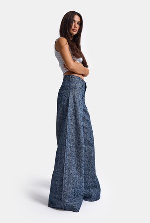 Kadın Mavi 9w6-197 Palazzo Fit Özel Desenli Kumaş Tasarım Denim Jean