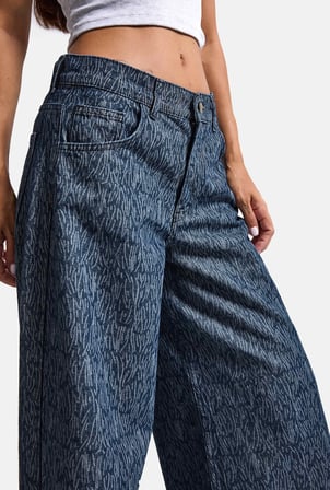 Kadın Mavi 9w6-197 Palazzo Fit Özel Desenli Kumaş Tasarım Denim Jean