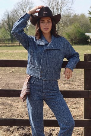 Kadın Mavi 9w6-197 Crop Kruvaze Özel Kumaş Tasarım Denim Ceket