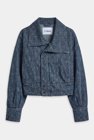 Kadın Mavi 9w6-197 Crop Kruvaze Özel Kumaş Tasarım Denim Ceket