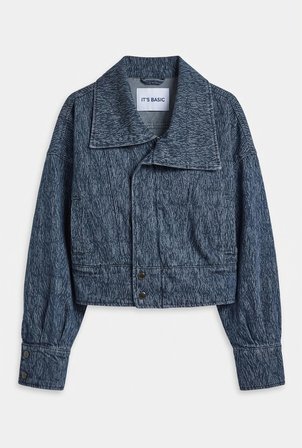 Kadın Mavi 9w6-197 Crop Kruvaze Özel Kumaş Tasarım Denim Ceket