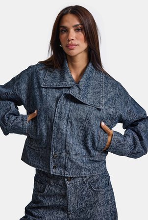 Kadın Mavi 9w6-197 Crop Kruvaze Özel Kumaş Tasarım Denim Ceket