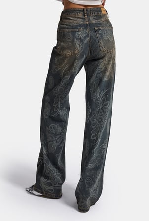 Kadın Kot Rengi T-10w6-8 Loose Fit Parlak Taş ve Desen Tasarım Denim Jean