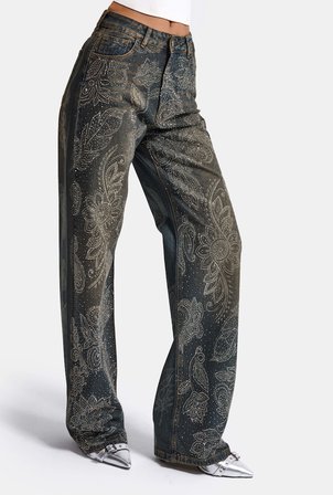 Kadın Kot Rengi T-10w6-8 Loose Fit Parlak Taş ve Desen Tasarım Denim Jean