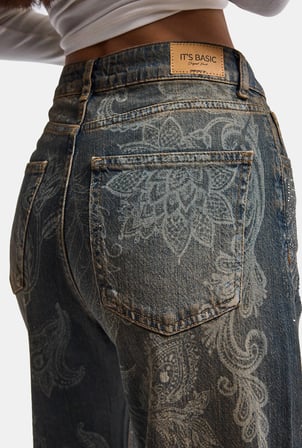 Kadın Kot Rengi T-10w6-8 Loose Fit Parlak Taş ve Desen Tasarım Denim Jean