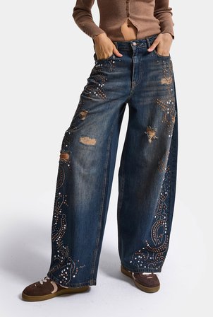Kadın Koyu Kot T-10w6-8 Palazzo Fit Taş ve Drop Detaylı Özel Tsarım Denim Jean