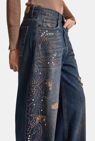 Kadın Koyu Kot T-10w6-8 Palazzo Fit Taş ve Drop Detaylı Özel Tsarım Denim Jean