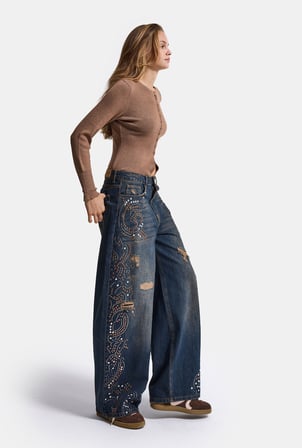 Kadın Koyu Kot T-10w6-8 Palazzo Fit Taş ve Drop Detaylı Özel Tsarım Denim Jean
