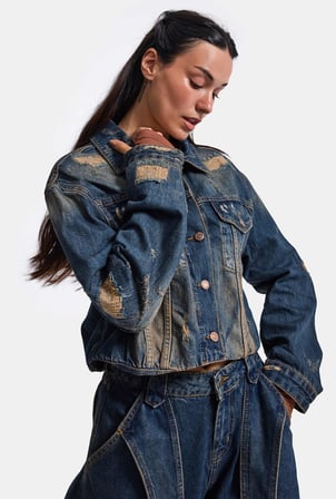 Kadın Kot Rengi 10w6-8 Kemer Boy Oversize Özel Tasarım Denim Ceket