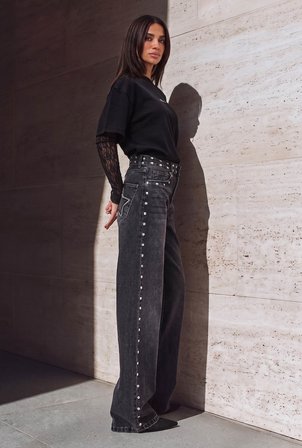 Kadın Füme T-2w6-13 Loose Fit Drop Detaylı Tasarım Denim Jean