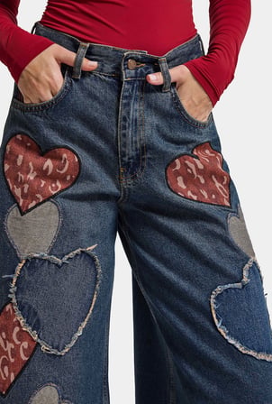 Kadın Koyu Tint 1w6-8 Palazzo Fit Özel Nakış Desenli Tasarım Denim Jean