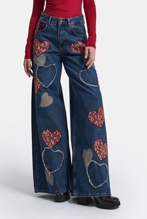 Kadın Koyu Tint 1w6-8 Palazzo Fit Özel Nakış Desenli Tasarım Denim Jean