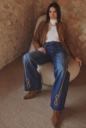 Kadın Koyu Kot 2w6-8 Palazzo Fit Nakış Detaylı Özel Tsarım Denim Jean