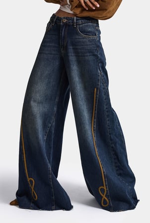 Kadın Koyu Kot 2w6-8 Palazzo Fit Nakış Detaylı Özel Tsarım Denim Jean