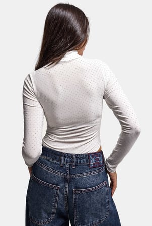 Kadın Beyaz w6-101 Çıt-çıtlı Parlak Taşlı Uzun Kol Esnek Kumaş Tasarım Body