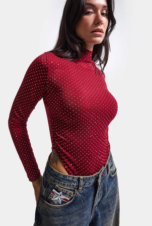Kadın w6-35 Snap Body Suit Parlak Taşlı Tasarım Body